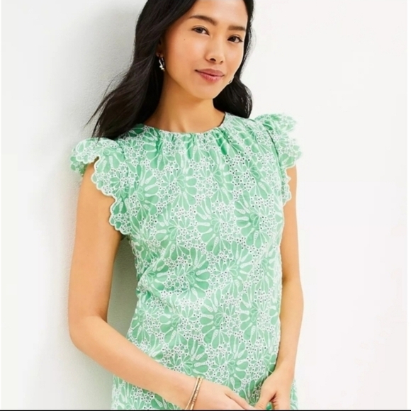 LOFT Eyelet Flutter Sleeve Shift Dress Size 2P Green Short Sleeve Embroidered - Picture 11 of 11